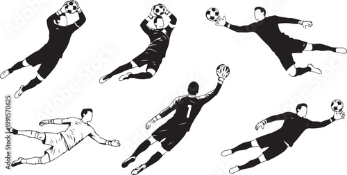 Soccer goalkeeper, goalie, vector illustrations, athletic poses, black and white