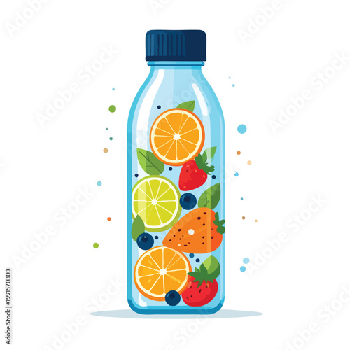 Fresh fruit infused water in a transparent plastic bottle on a table indoors