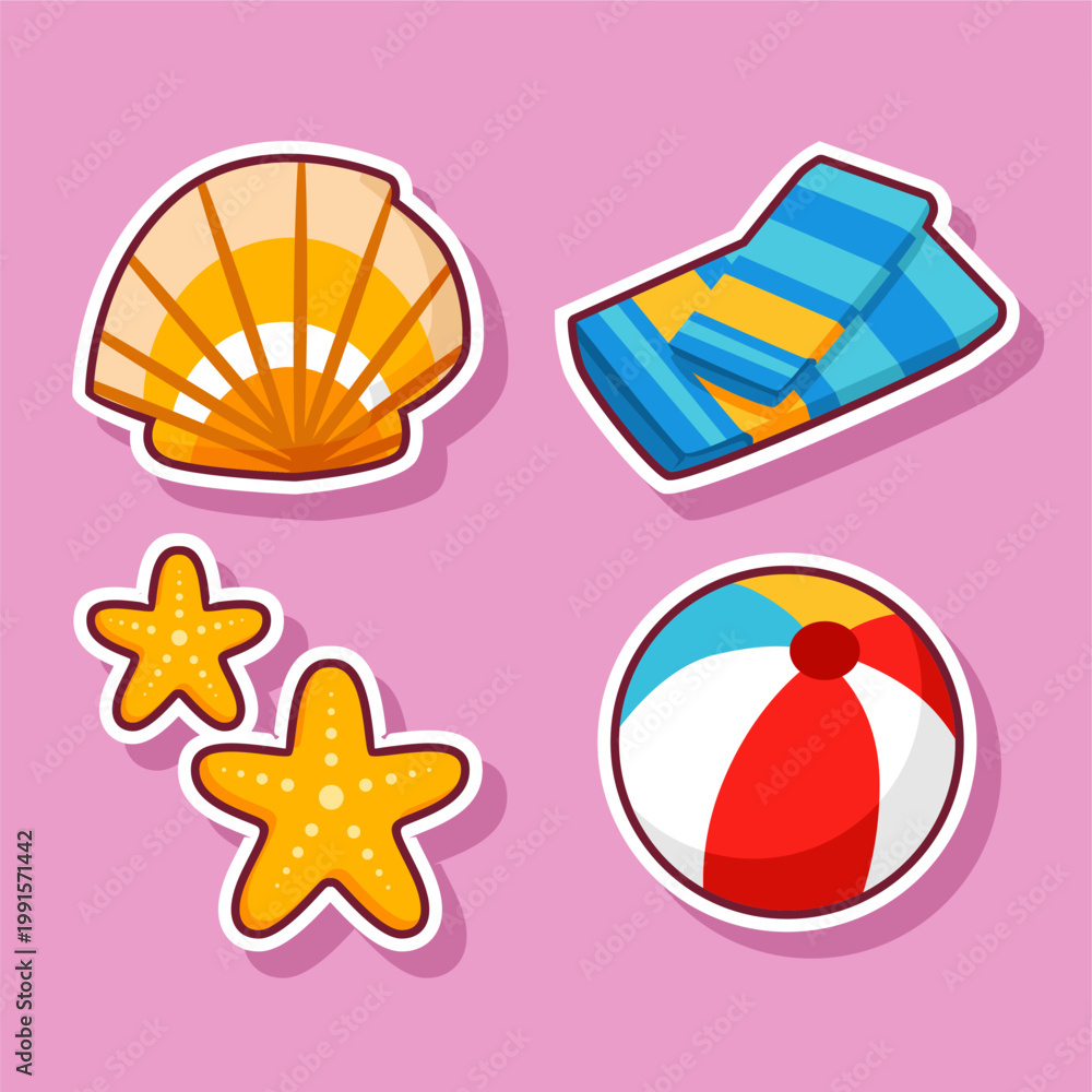 Fototapeta premium Set of Summer Beach Stickers with Scallop Shell Starfish and Beach Ball