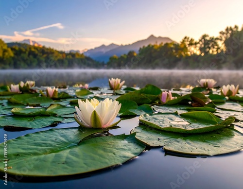 Blooming White Water Lily Floating On A Calm Lake With Green Pads At Sunrise Misty Mountain Landscape In Background Serene Nature Photography