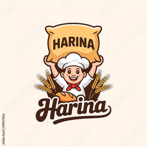 Happy baker character holding a sack of flour with wheat ears and the word Harina on a light background, creative logo for a bakery or flour brand