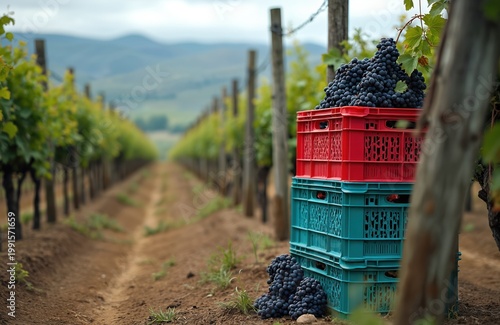 Red and blue grapes piled in crates at a vineyard. Harvested fruit sits ready for winemaking in rural autumn scenery. Grapes for wine are stacked in containers, ready for processing.