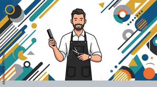 Smiling Barber Holding Hair Tools.