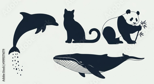 Collection of animal silhouettes including a dolphin cat panda and whale.