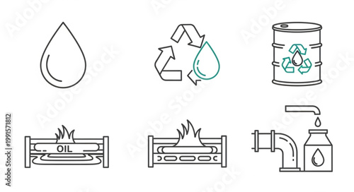 Set of icons representing oil industry and recycling symbols.