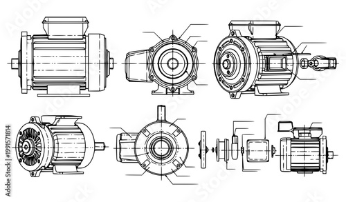 Electric motor technical blueprint vector set with multiple orthographic views and engineering diagram elements isolated on white