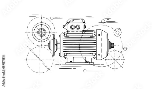 Stylized electric motor blueprint vector illustration with simplified mechanical diagram and clean line art isolated on white