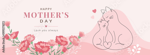 Mother’s Day Banner with Cute Cat and Kitten, Minimal Line Art Family Love Illustration, Editable Greeting Template, Pastel Pink Vector EPS