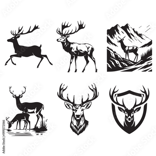 Wildlife Stag and Buck Vector Elements Featuring Mountain Vistas and Heraldic Crests