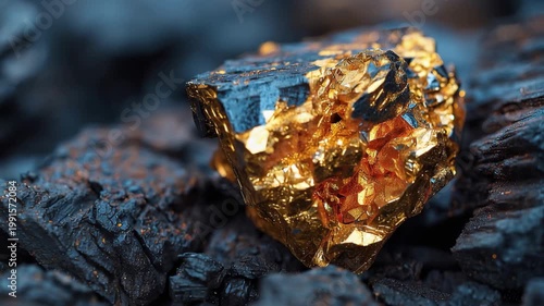 Gold nugget on dark coal background, macro shot of raw gold ore in mine, precious metal discovery concept
