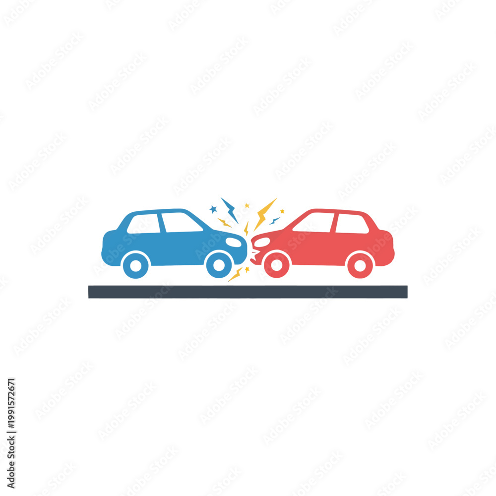 Fototapeta premium Two generic vehicles collide, resulting in a traffic accident with lightning bolts and stars