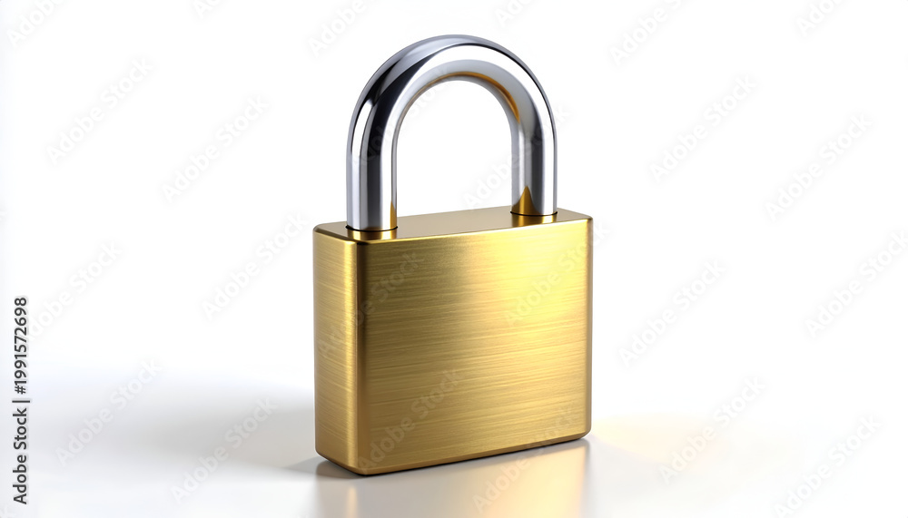 Naklejka premium A gleaming gold padlock rests on a white surface, casting a subtle shadow and symbolizing security and protection.
