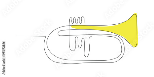 Abstract one line art drawing of a classic trumpet musical instrument with a vibrant yellow accent ideal for modern design concepts