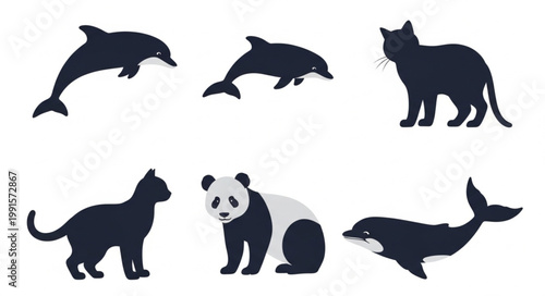 Collection of Silhouettes of Animals Including Dolphins Cats Panda and Whale.
