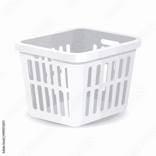 A white laundry basket sits on a clean surface in a domestic environment.