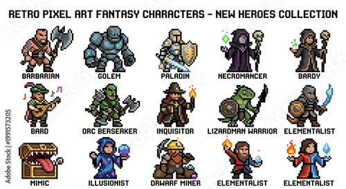 Retro pixel art fantasy characters collection. Video game assets of knight mermaid treant and dragon isolated vector sprites.