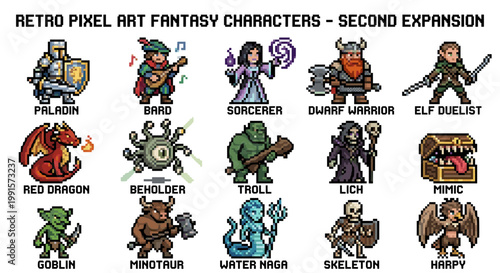 Retro pixel art fantasy characters collection. Video game assets of knight mermaid treant and dragon isolated vector sprites.