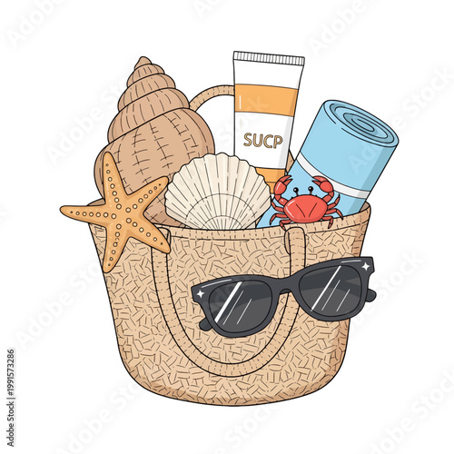 A beach bag filled with sunglasses, seashells, sunscreen, a towel and a small crab illustration