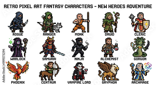 Retro pixel art fantasy characters collection. Video game assets of knight mermaid treant and dragon isolated vector sprites.