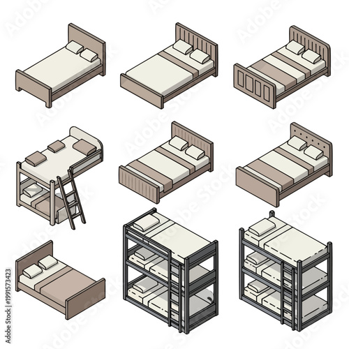 Various types of beds and bunk beds are shown in a simple, isometric illustration style