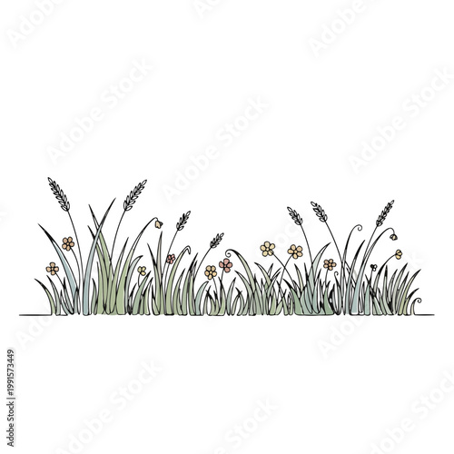 A simple illustration of grass and flowers growing in a field with a white background