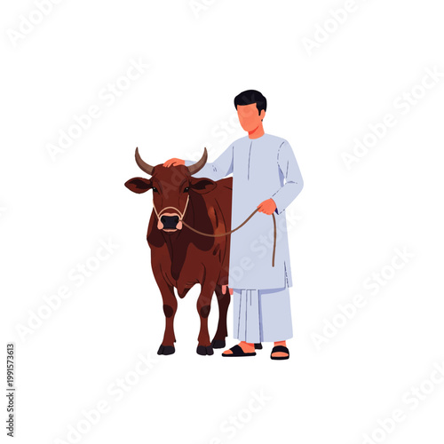 A man in traditional clothing gently pets a brown cow, presented as a vector flat design illustration