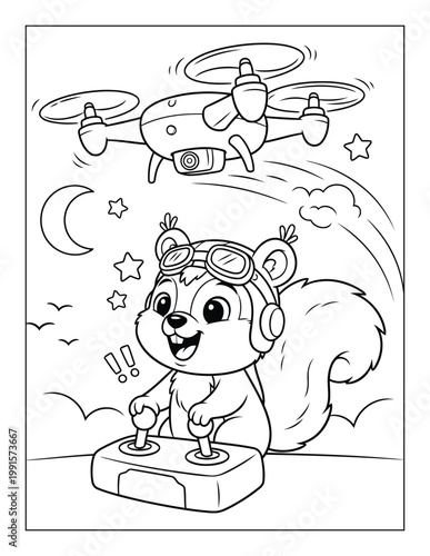 Squirrel flying drone with remote controller under night sky scene for kids coloring page illustration