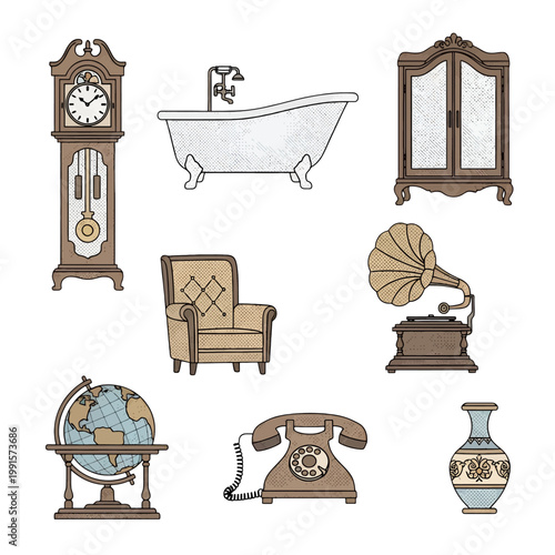 Collection of vintage home decor items, including a clock, bathtub and armchair, isolated