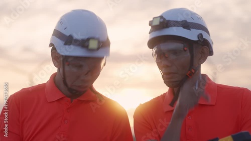 Close-up of Asian engineers in safety helmets at a wind farm during sunset, representing clean energy workforce, industrial safety, and teamwork in sustainable energy operations.