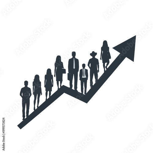 Silhouettes of diverse people walking up an arrow, representing business growth and success