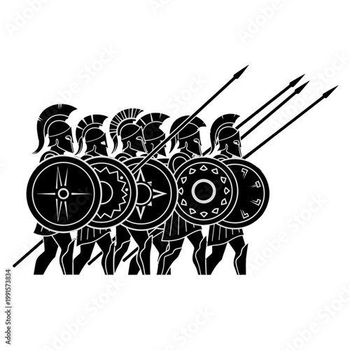 A group of warriors with shields and spears marching in a line formation, ready for battle