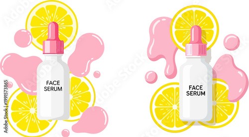 Vitamin C face serum dropper bottles with lemon slices, pink liquid splashes and citrus fruit extract, flat vector skincare product illustration