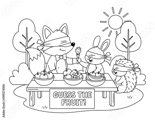  Fox plays a fruit guessing game with a bunny and hedgehog at a summer picnic for a cute kids coloring page