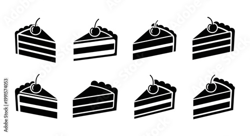 Eight Slices of Chocolate Cake with Cherries Vector Illustration.