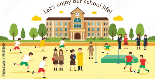 School life vector illustration, students playing on campus playground, academic building with clock tower, children in uniforms and sportswear