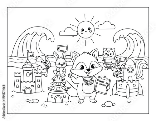 Принти на полотні Beach competition featuring cute animals building sand structures on a sunny day