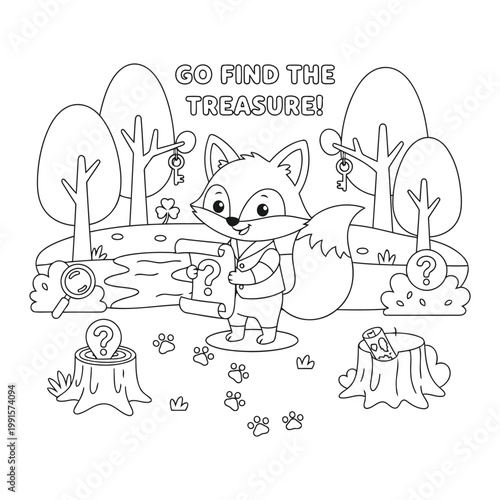Treasure hunt adventure with a cute fox finding hidden clues in the forest for a children coloring page
