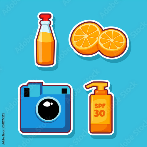 Set of Summer Holiday Stickers with Camera Orange Juice and Sunscreen