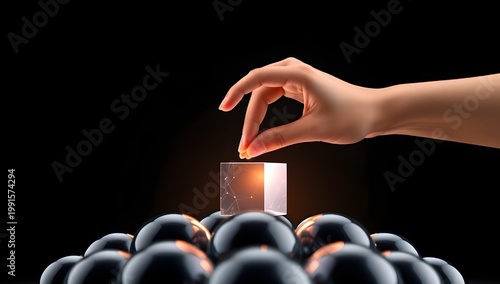 Hand Placing Distinct Cube Among Spheres — Brand Differentiation Concept, Innovation Strategy, Unique Perspective, Leadership Vision, and Creative Business Identity