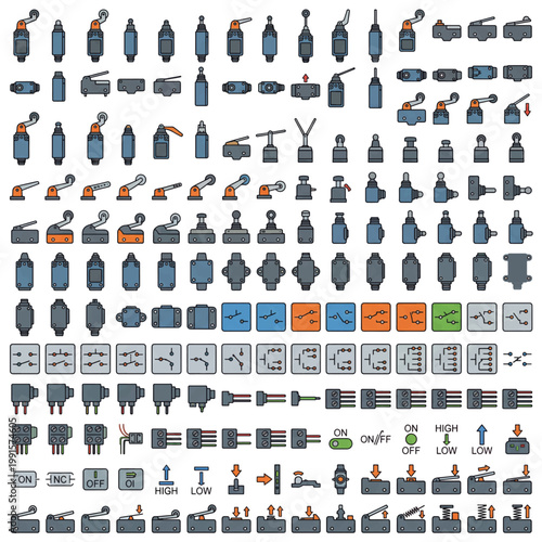 Collection of industrial control levers switches and buttons icons.