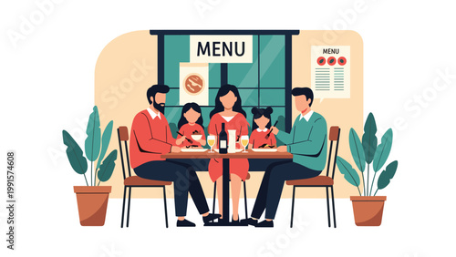 Happy family of four enjoying a delicious meal together at a cozy restaurant table under a large menu sign on the wall.