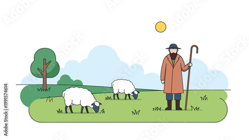 Shepherd wearing a hat and long coat standing with a wooden staff in a green field while sheep graze in the background.