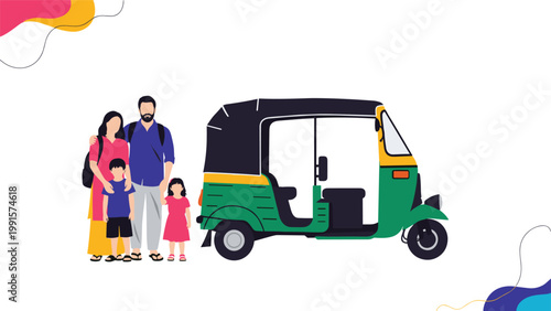 Indian family with two young children standing next to a traditional green and yellow auto-rickshaw on a white background.