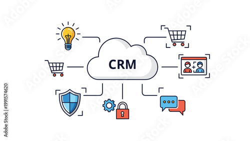 CRM concept cloud icon surrounded by business symbols including lightbulbs, shopping carts, gears, and communication bubbles.