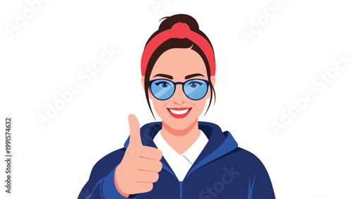 Portrait of a confident young woman with glasses and a red headband giving a thumbs up gesture of approval and success.