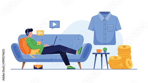 Man sitting on a sofa with his laptop and cat while thinking about online shopping or managing his personal financial savings.