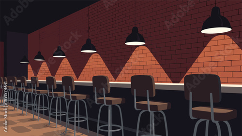 Empty interior of a modern bar with stools lined up along a counter under hanging pendant lamps against a brick wall.