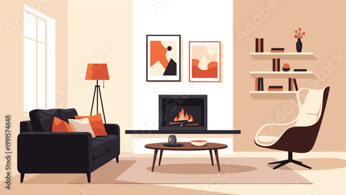 Modern living room interior with a stylish black sofa, fireplace, armchair, and decorative shelves in a warm neutral color palette.