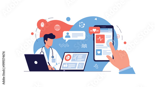 Healthcare professional working on a laptop while a patient uses a smartphone app for online medical consultations and health tracking.