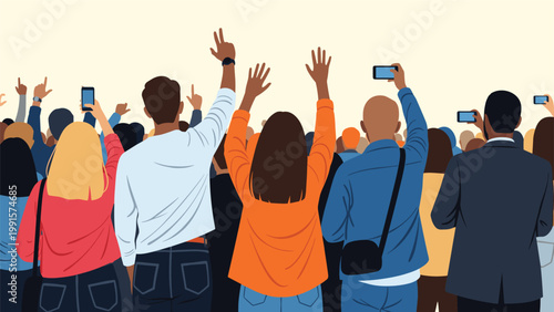 Large crowd of people seen from behind holding up their smartphones to record a concert or event in a public space.